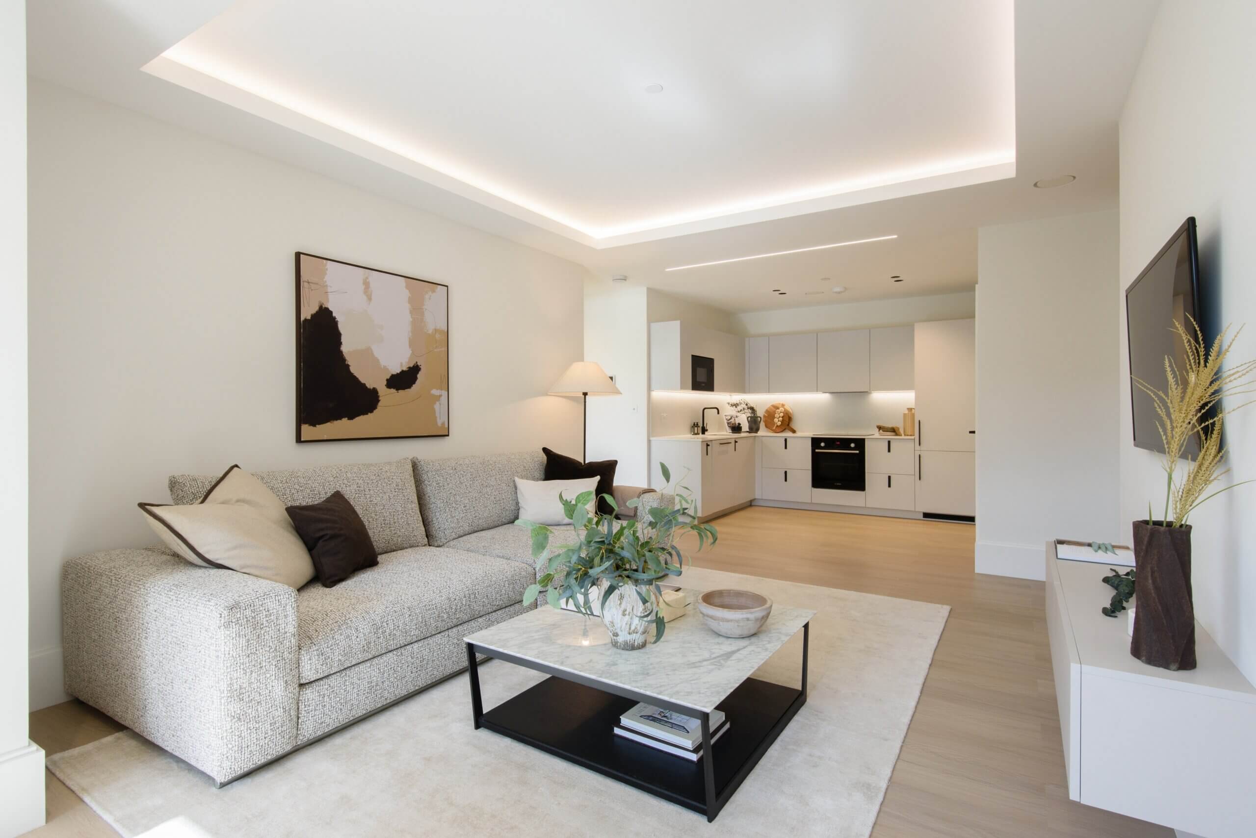 Contemporary open-plan living room with integrated kitchen at Artscene, East Acton Lane, London W3 – Haus Properties